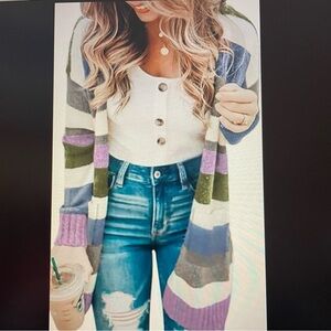 Ecowish Women's Striped Cardigan - Lilac, Olive, Blue, White Women’s Size M